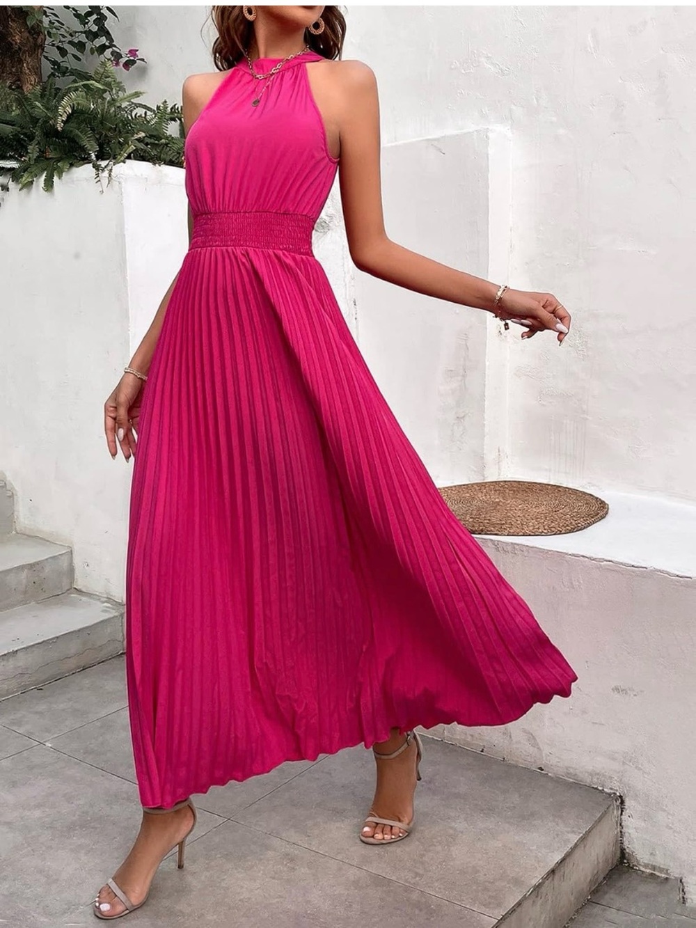 Prettygarden NWT Pink High Neck Pleated Maxi Dress